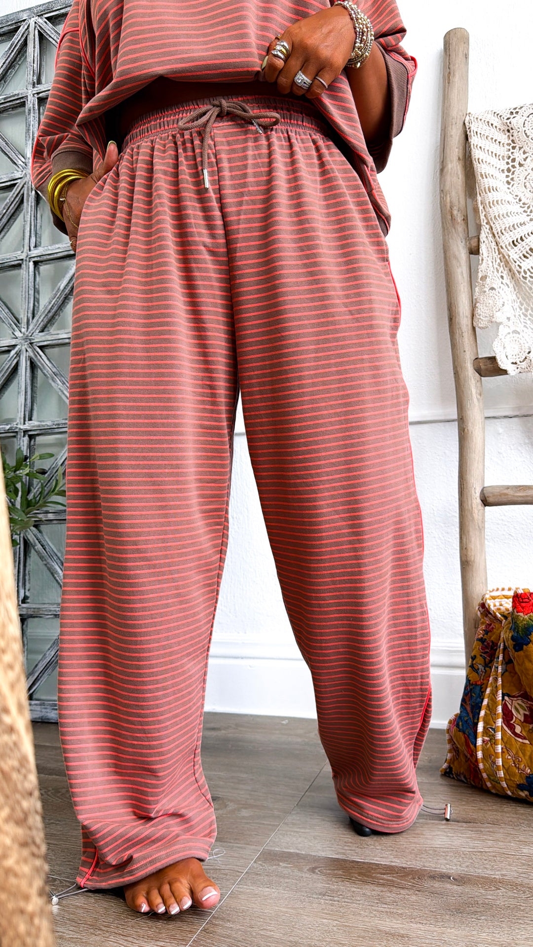 Stripe Printed Sweatpants, Mocha/Coral