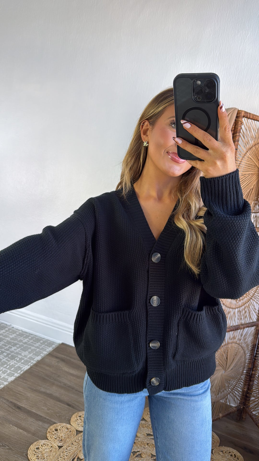 Soft Shadow Button Up Cardigan, Black