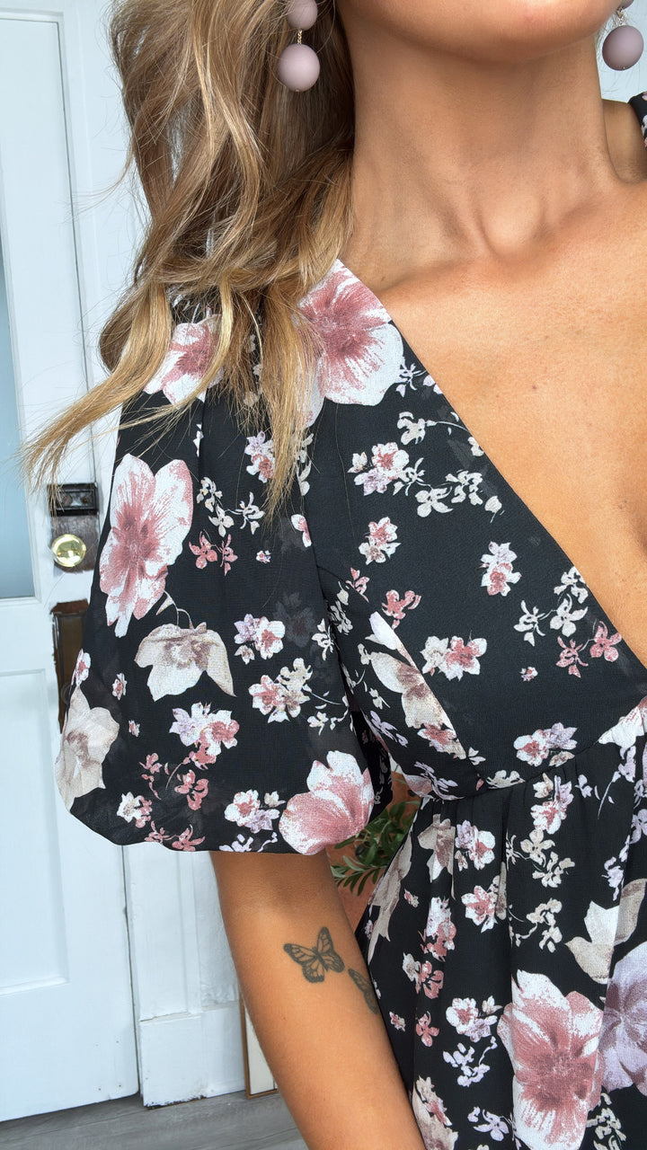 Della Dainty Floral Bubble Sleeve Mini Dress, Fall Black Multi