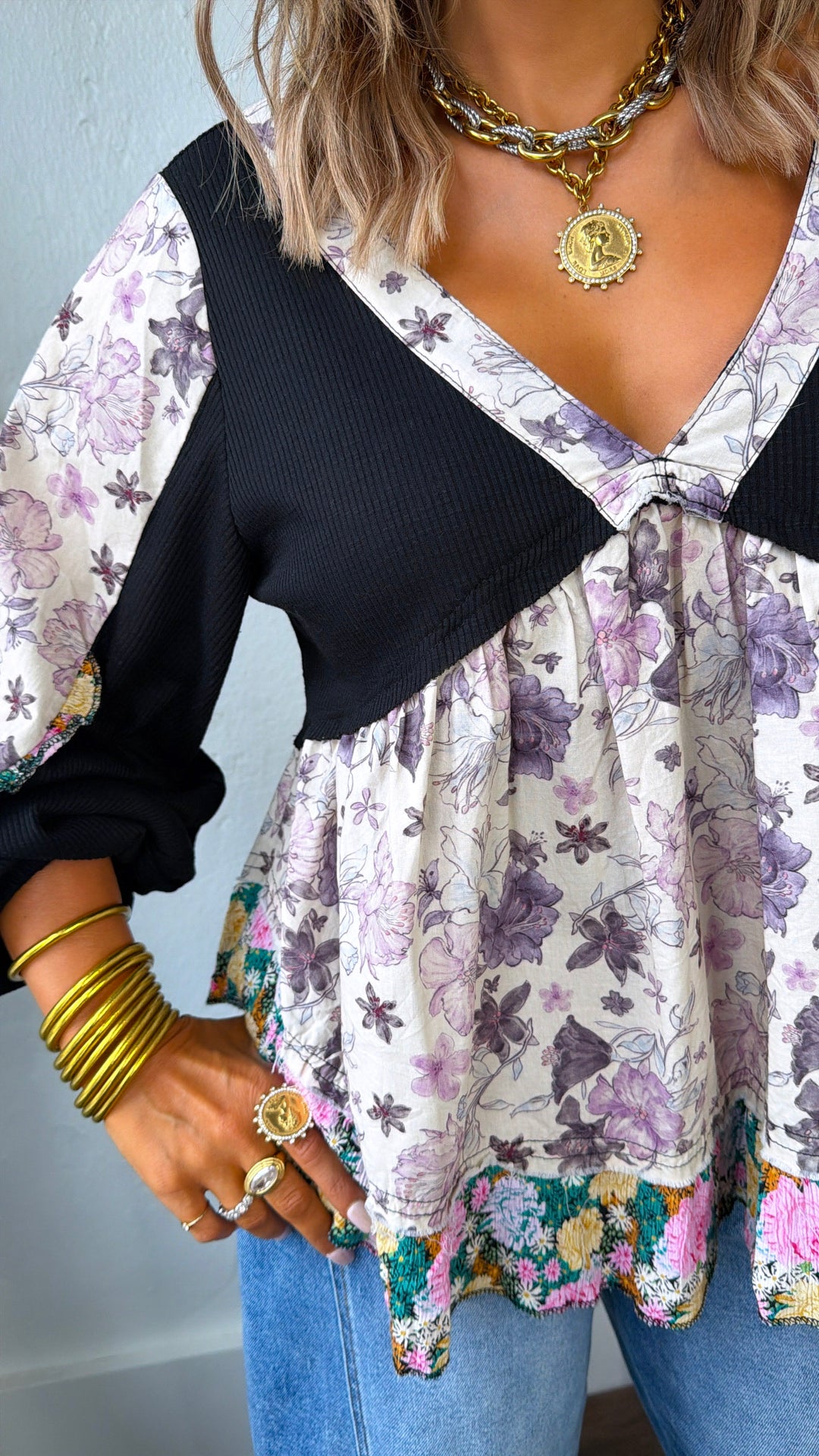 Studio Floral V-Neck Top, Black Multi