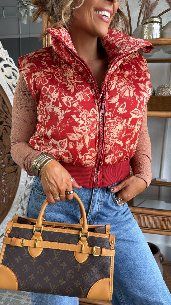 Vintage Marble Floral Printed  Puffer Vest