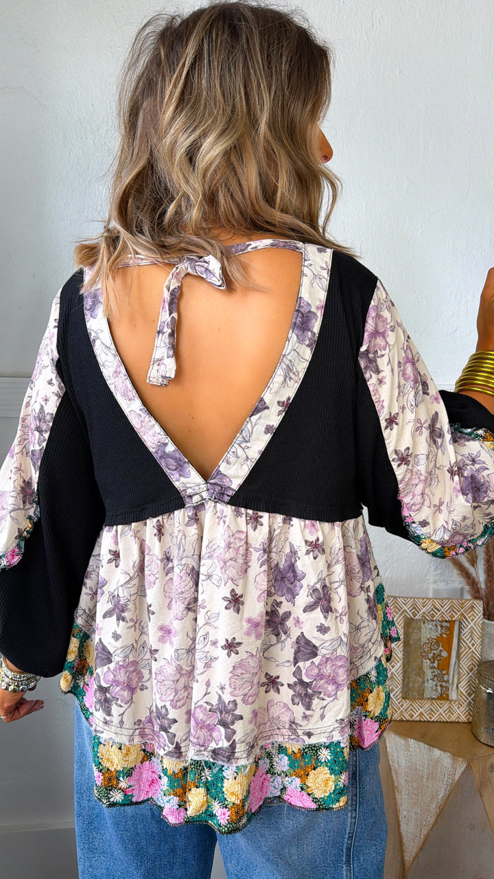 Studio Floral V-Neck Top, Black Multi