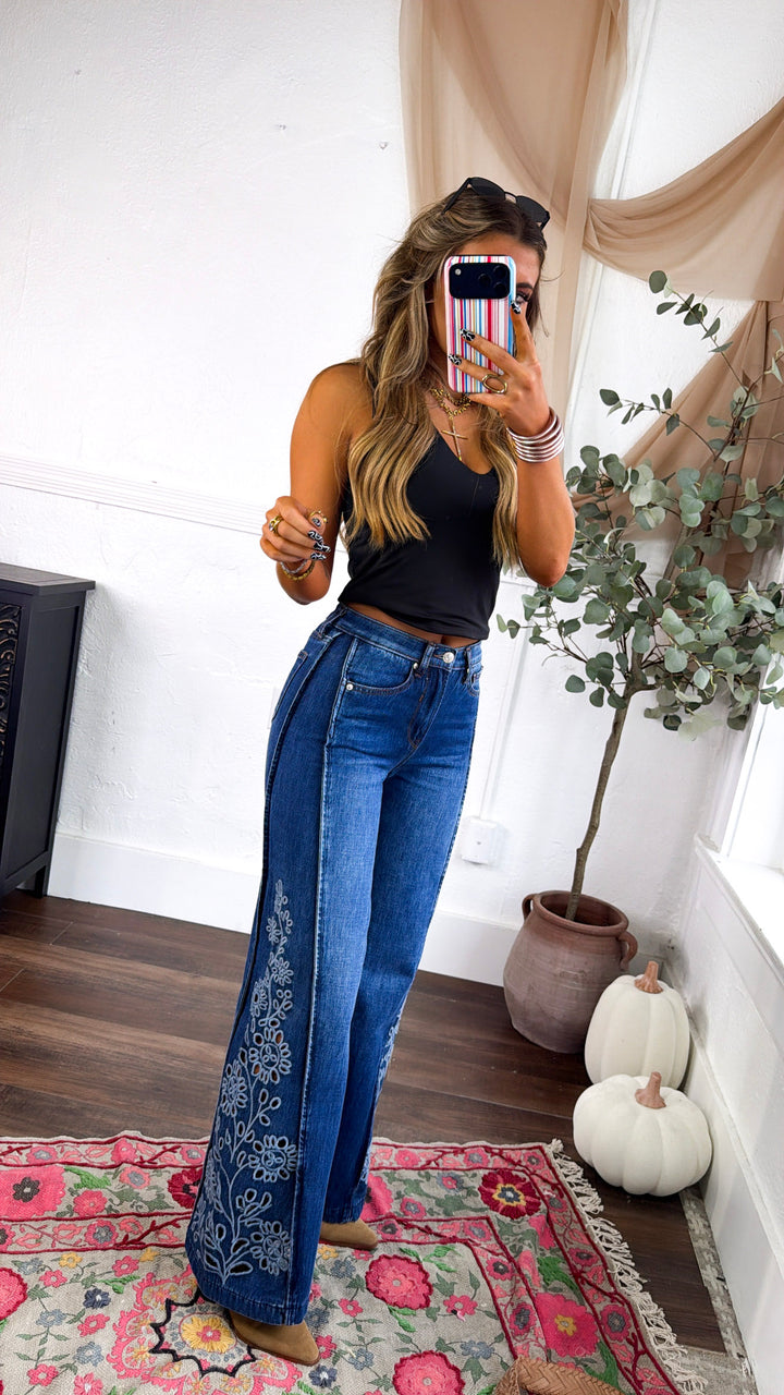 Wildflower Stitch Wide Leg Denim, Md. Dark