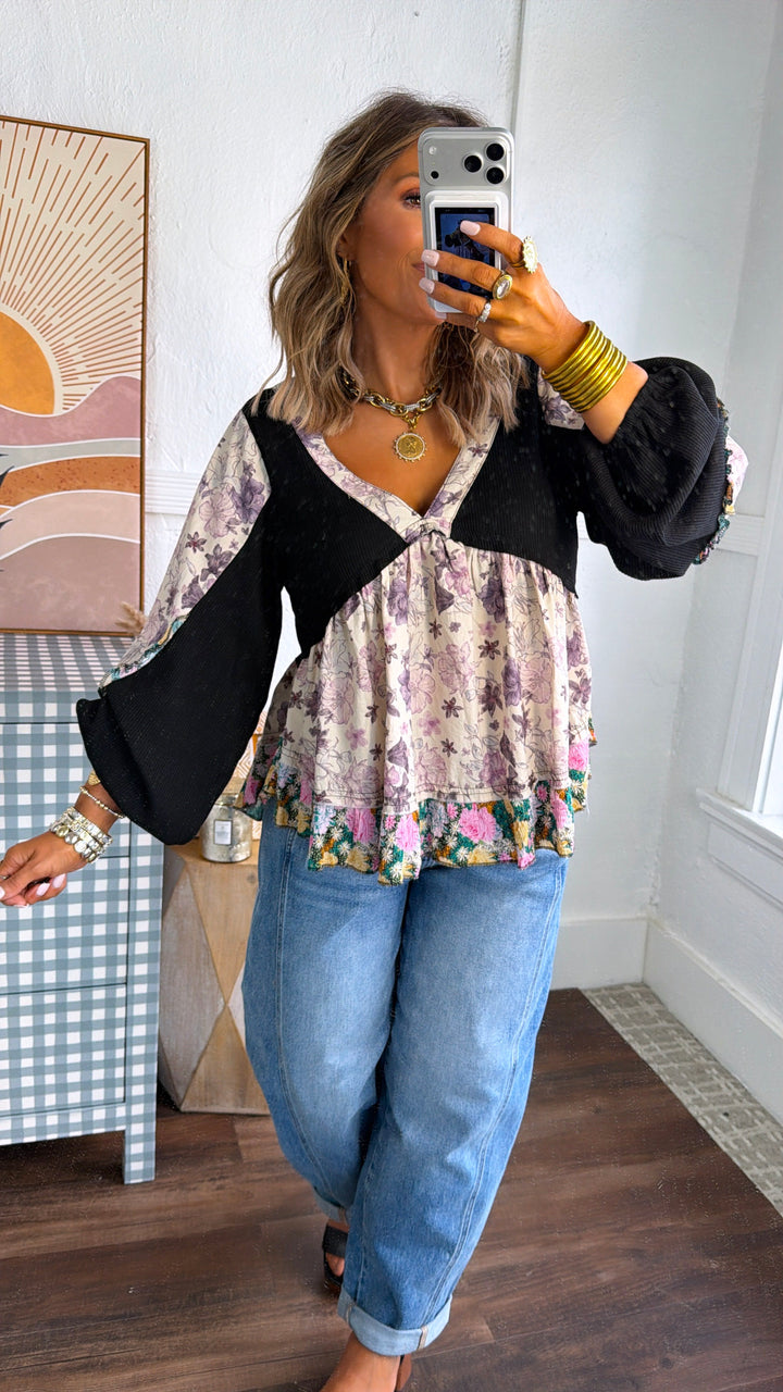 Studio Floral V-Neck Top, Black Multi