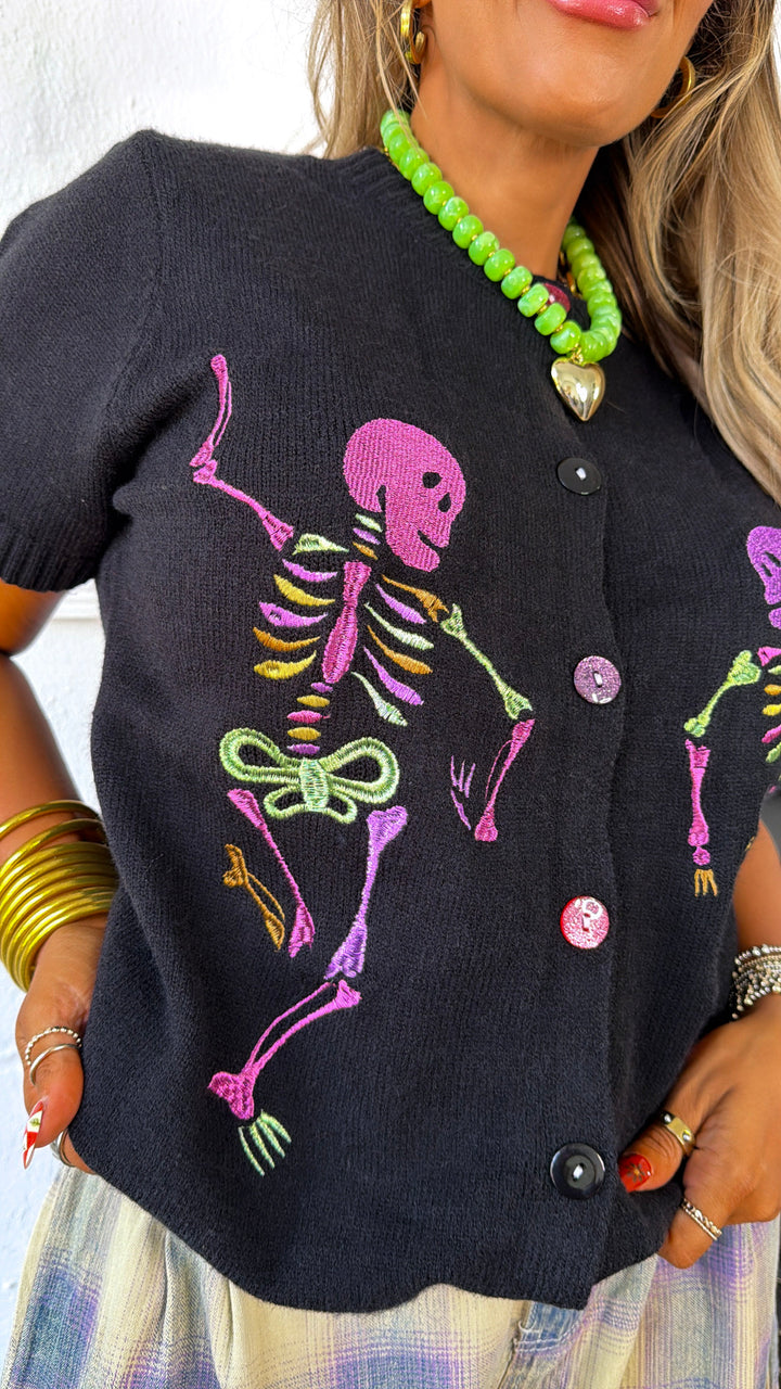 Skeleton Party Knit Cardigan, Black