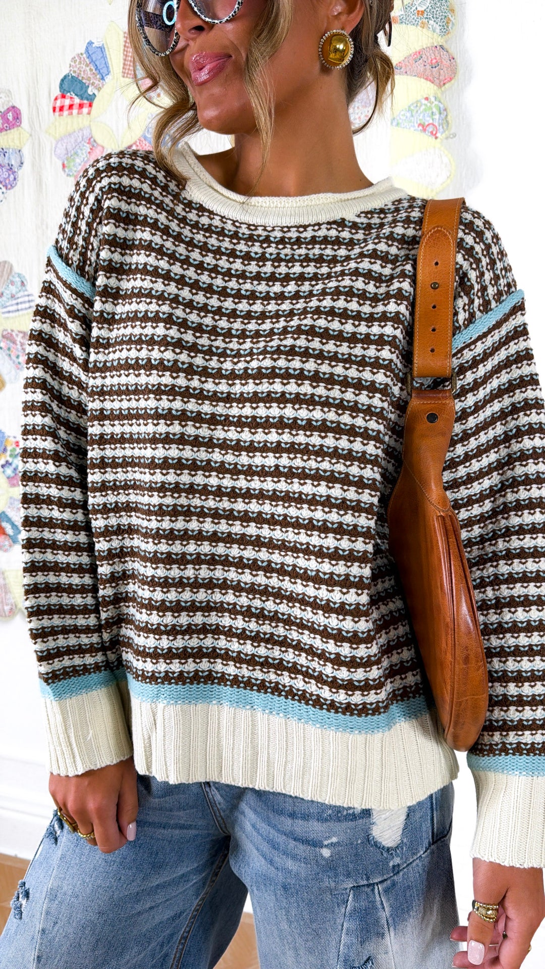 Soft Stripe Mocha Sweater, Brown/Aqua