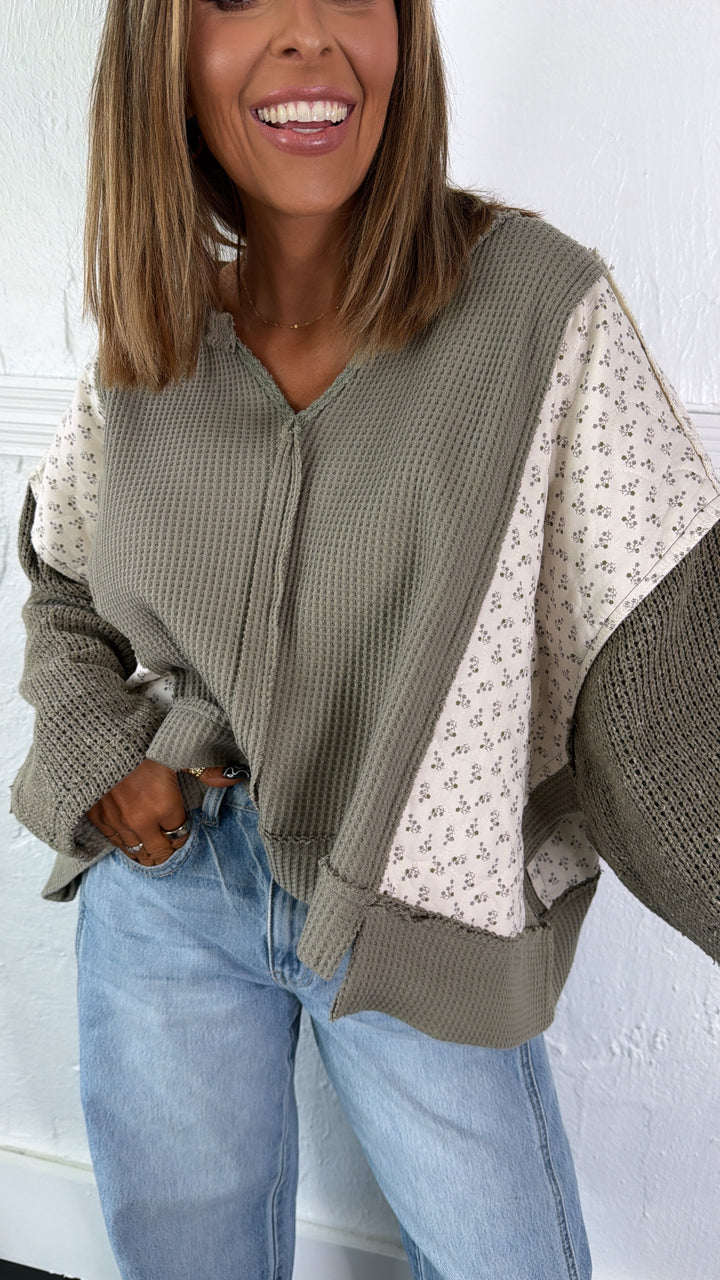 DOORBUSTER: POL Floral Sleeve Sweater, Olive