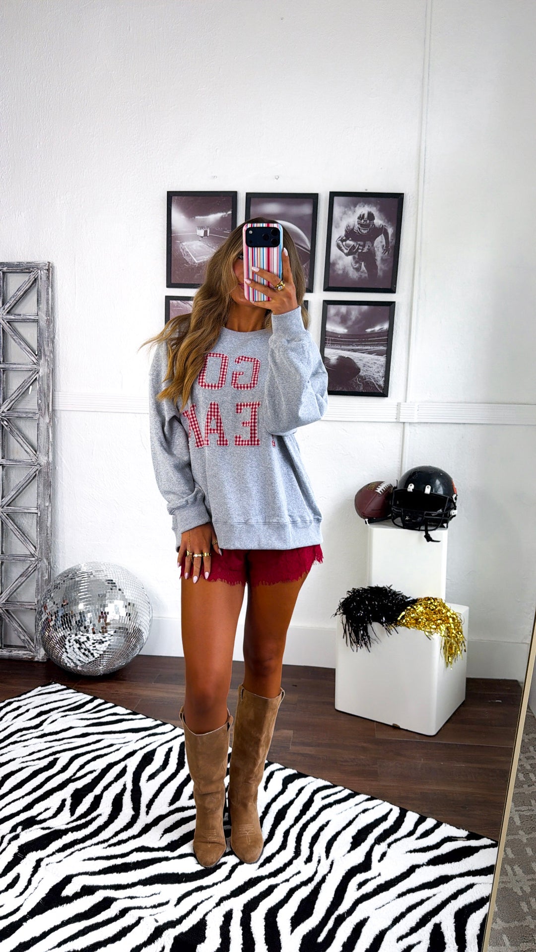 Go Team Gingham Crewneck, H. Grey