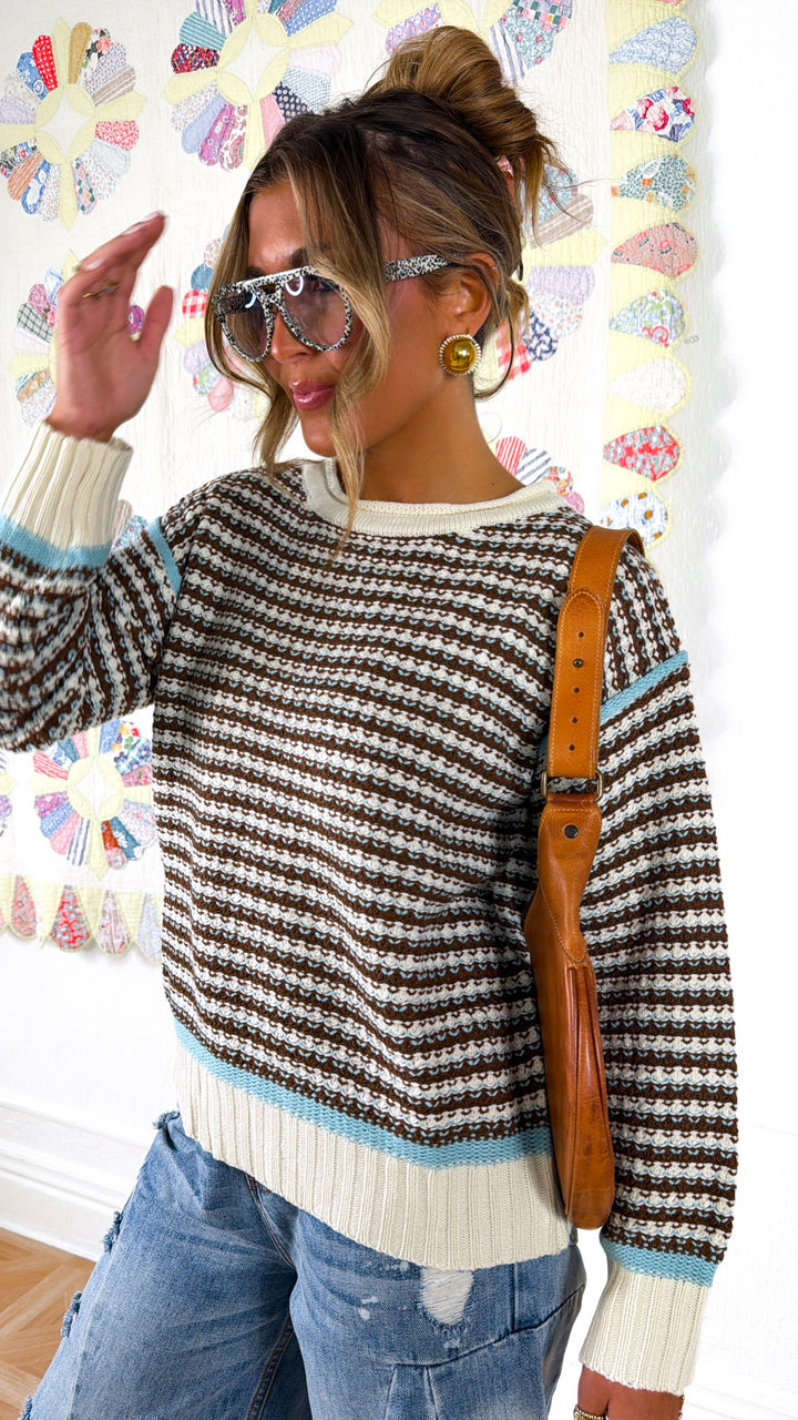 Soft Stripe Mocha Sweater, Brown/Aqua