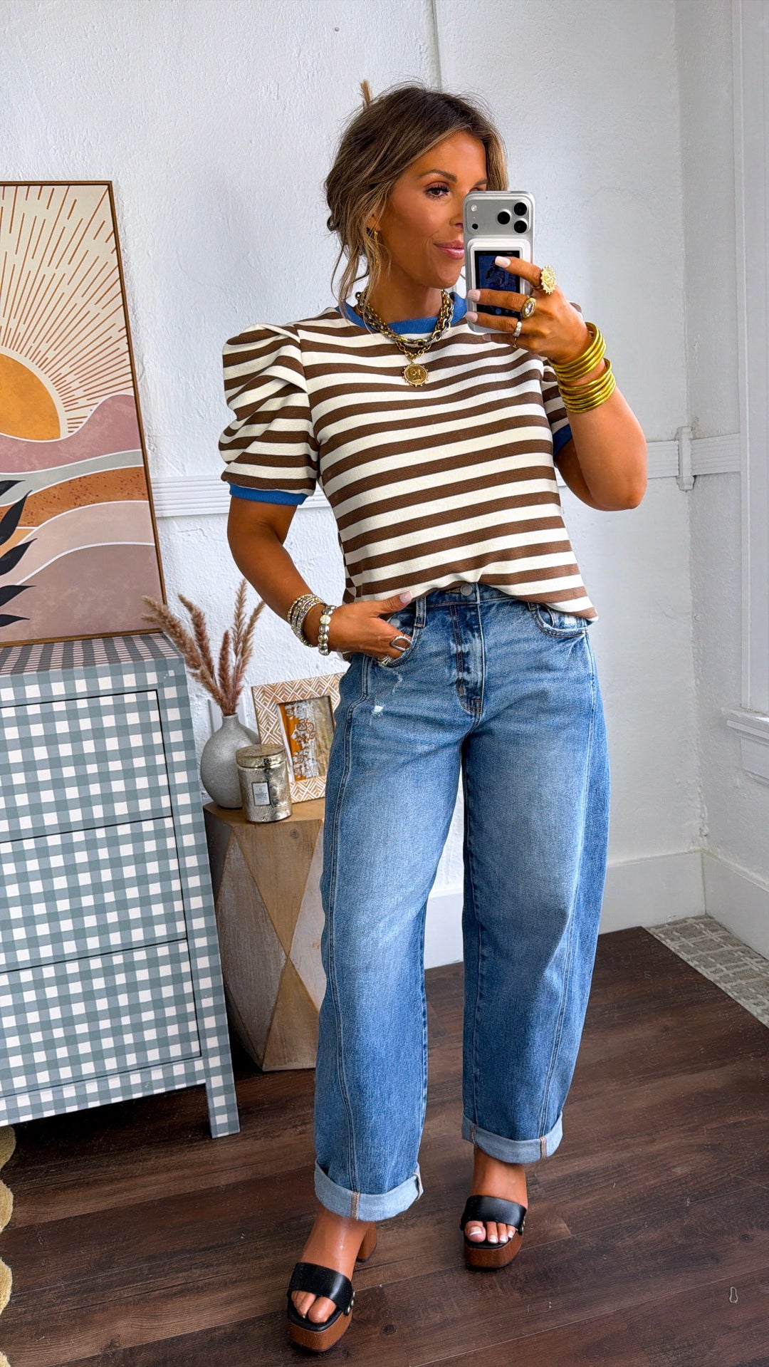 Royal Stripe Puff Sleeve Top, Blue/Brown/Cream