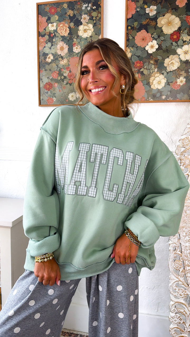Embroidered Matcha Mock Neck Sweatshirt, Pistachio
