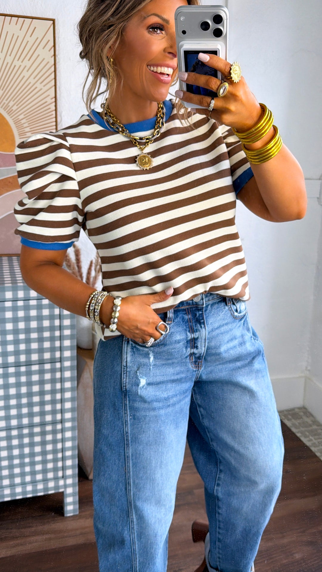 Royal Stripe Puff Sleeve Top, Blue/Brown/Cream