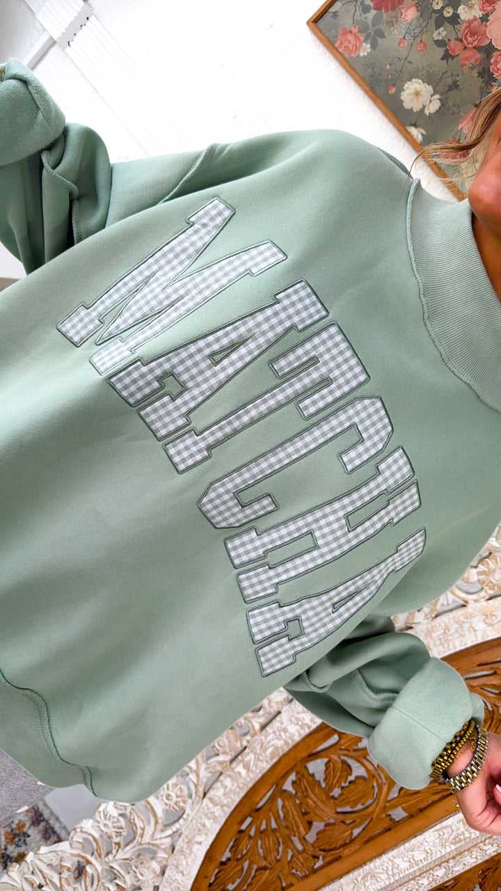 Embroidered Matcha Mock Neck Sweatshirt, Pistachio