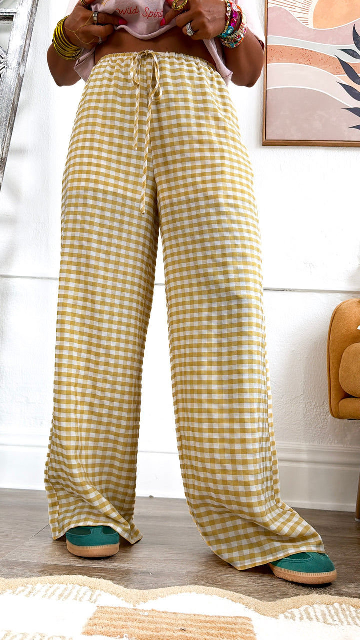 Gingham Print Drawstring Pants, Yellow Multi