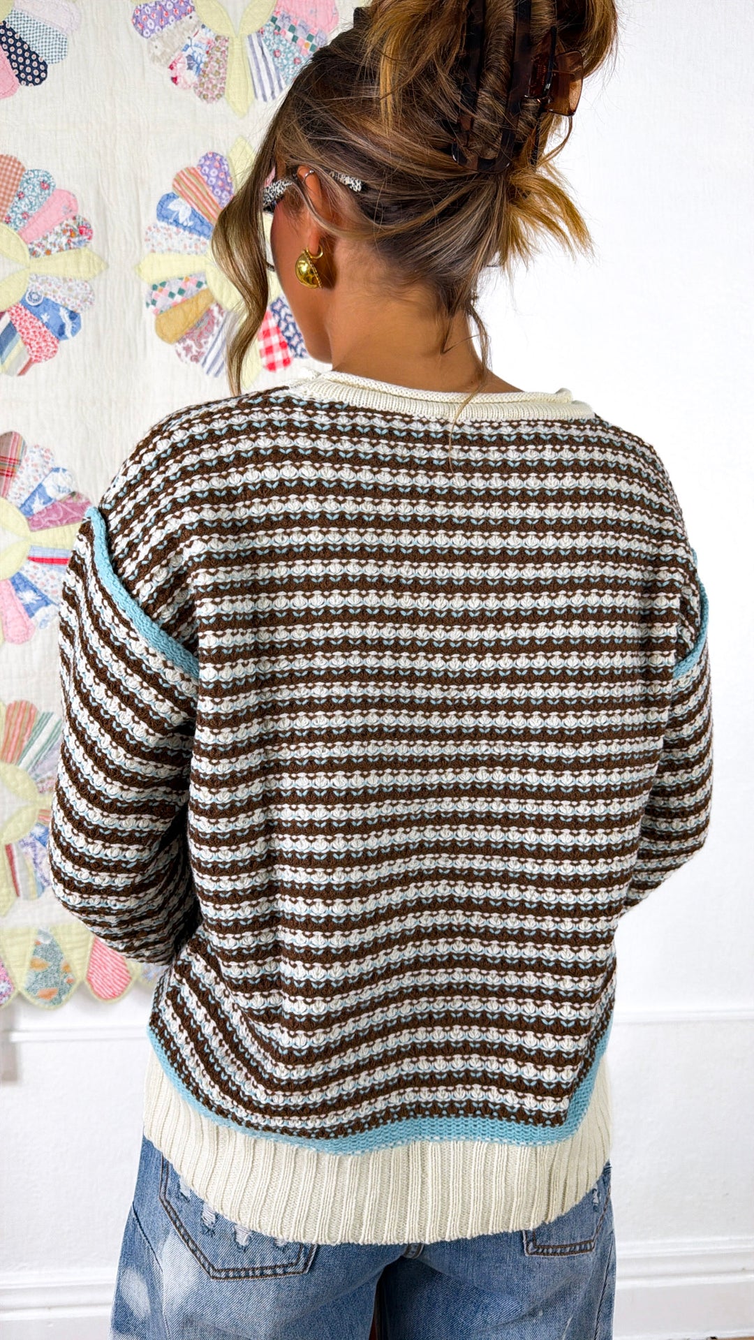 Soft Stripe Mocha Sweater, Brown/Aqua