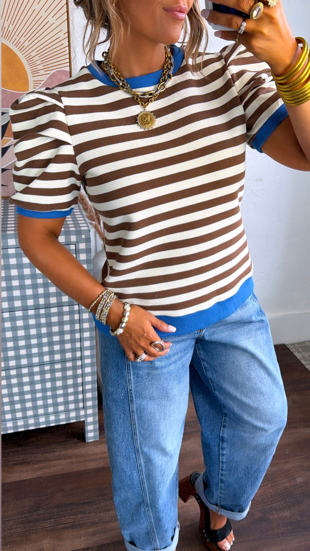 Royal Stripe Puff Sleeve Top, Blue/Brown/Cream