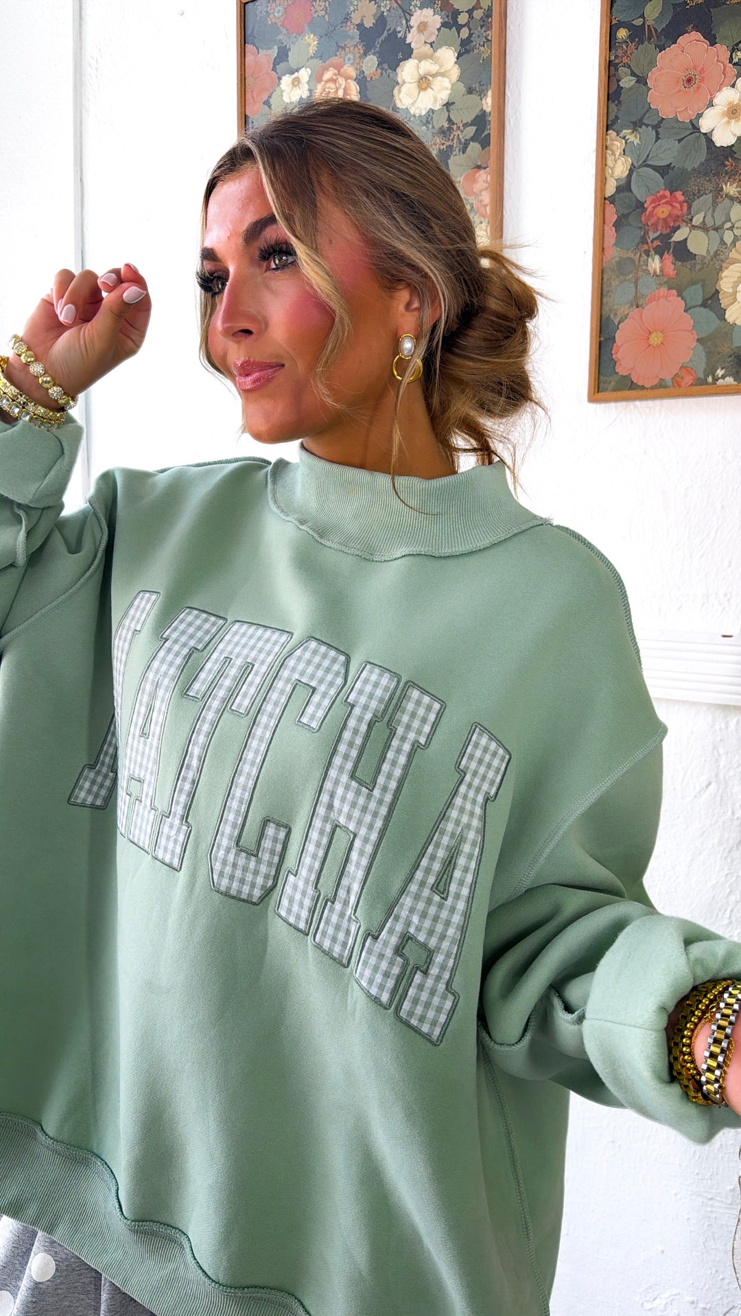 Embroidered Matcha Mock Neck Sweatshirt, Pistachio