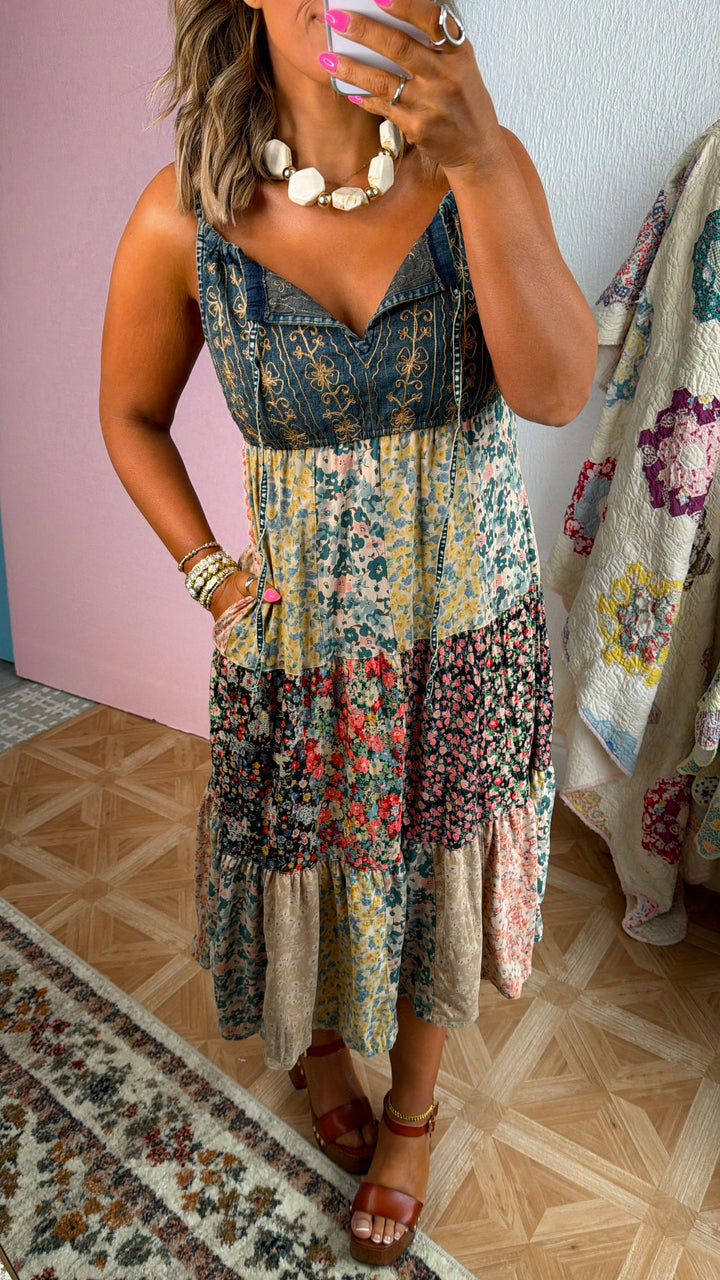 Patched Western Midi Dress, Latte