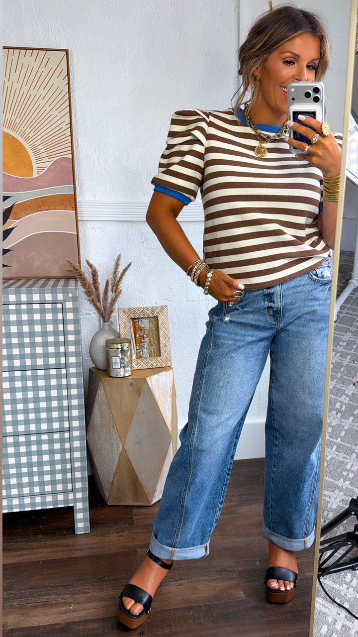 Royal Stripe Puff Sleeve Top, Blue/Brown/Cream