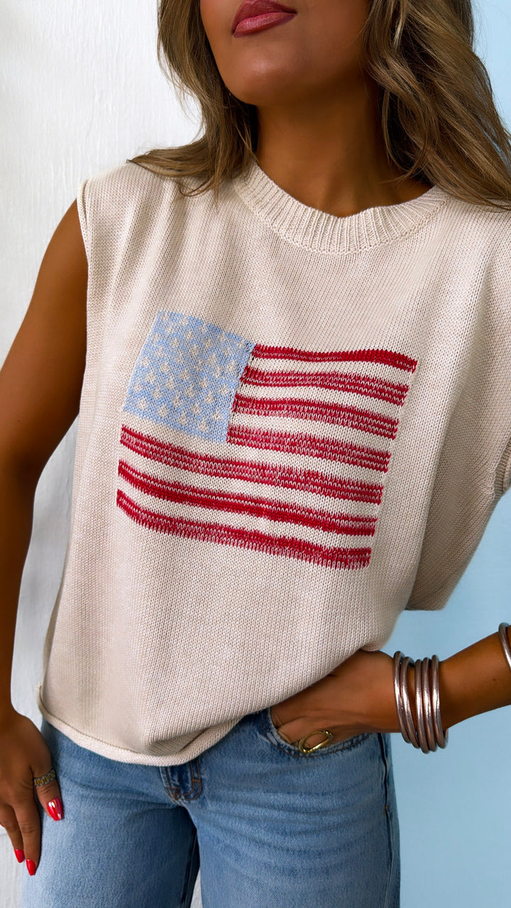 USA Flag Relaxed Sweater, Cream