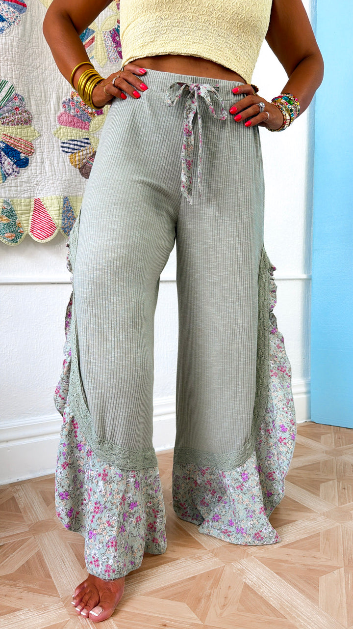 Floral Pointed Relaxed Pant, Powder Sage