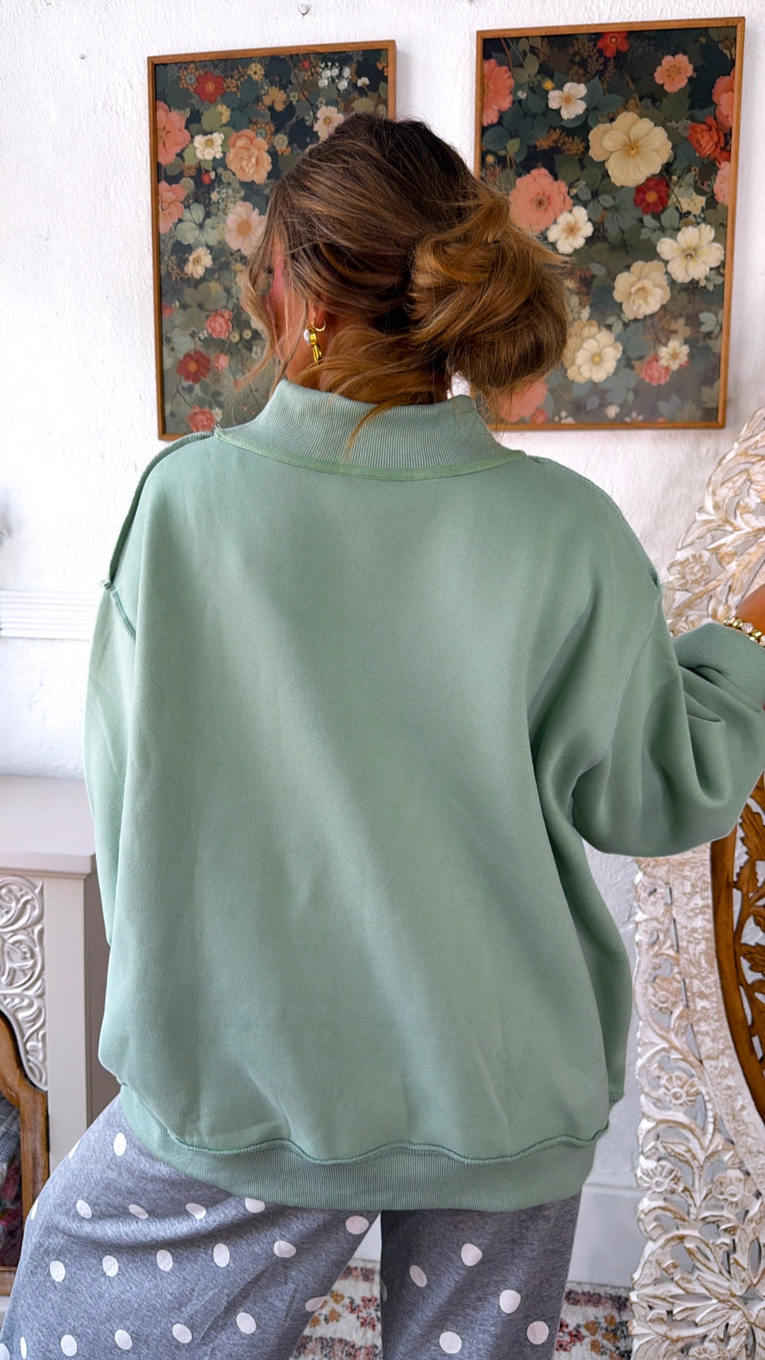 Embroidered Matcha Mock Neck Sweatshirt, Pistachio