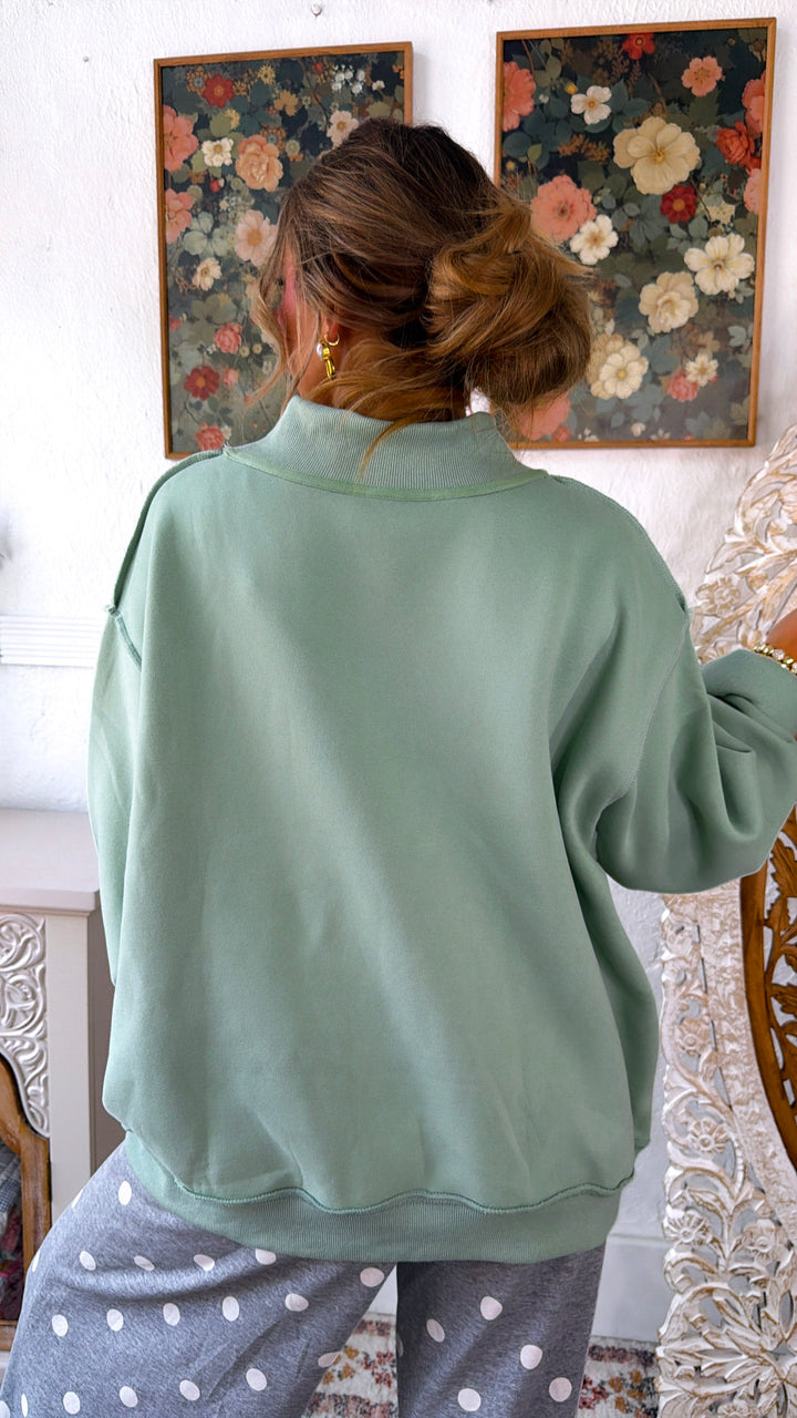 Embroidered Matcha Mock Neck Sweatshirt, Pistachio