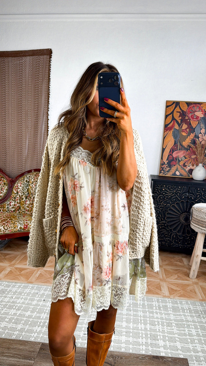 Floral Lace Mini Dress, Beige Multi