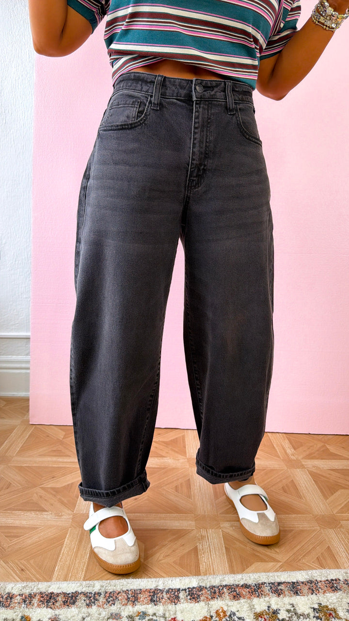Urban Edge Barrel Jeans, Black Denim