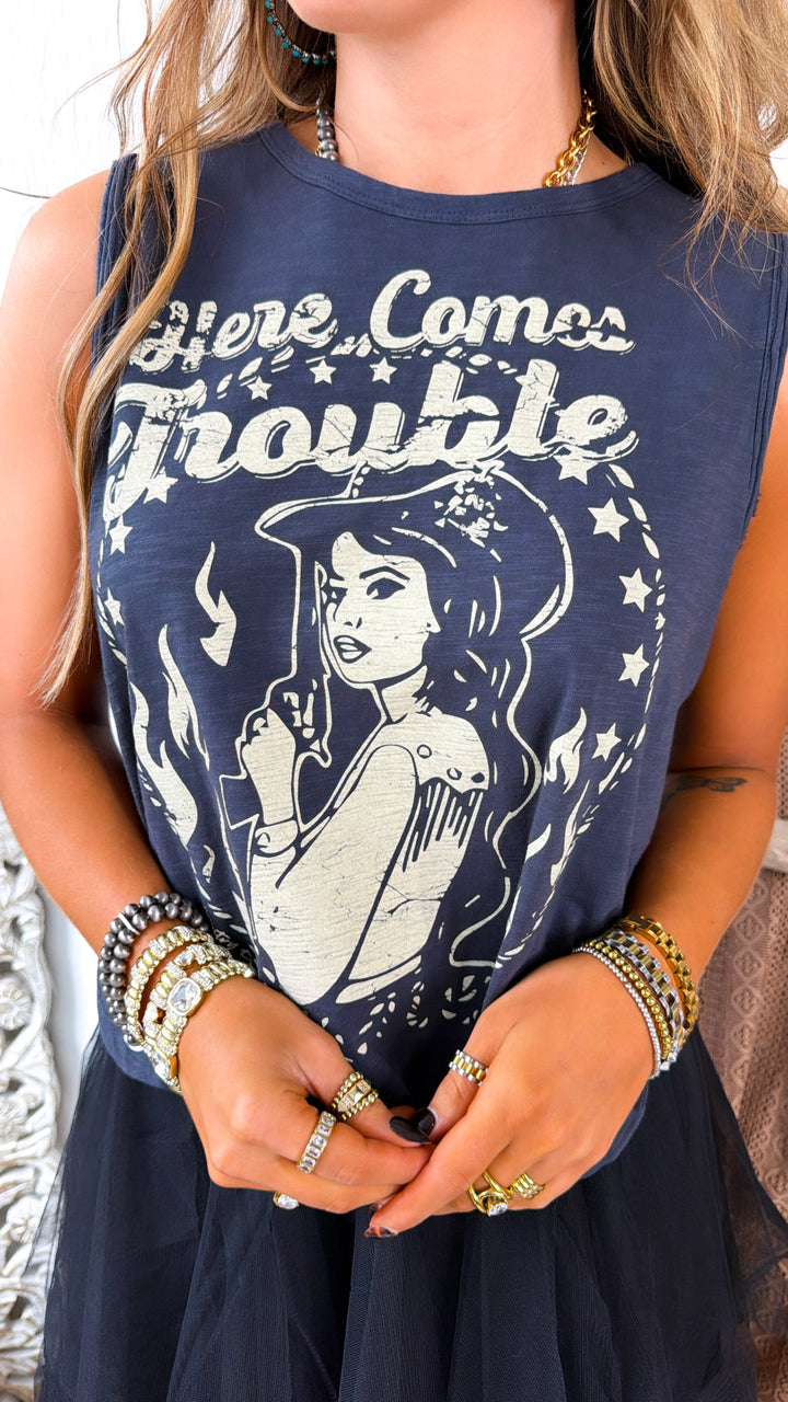 PRE ORDER MAY 15: Here Comes Trouble Muscle tee, Washed Black