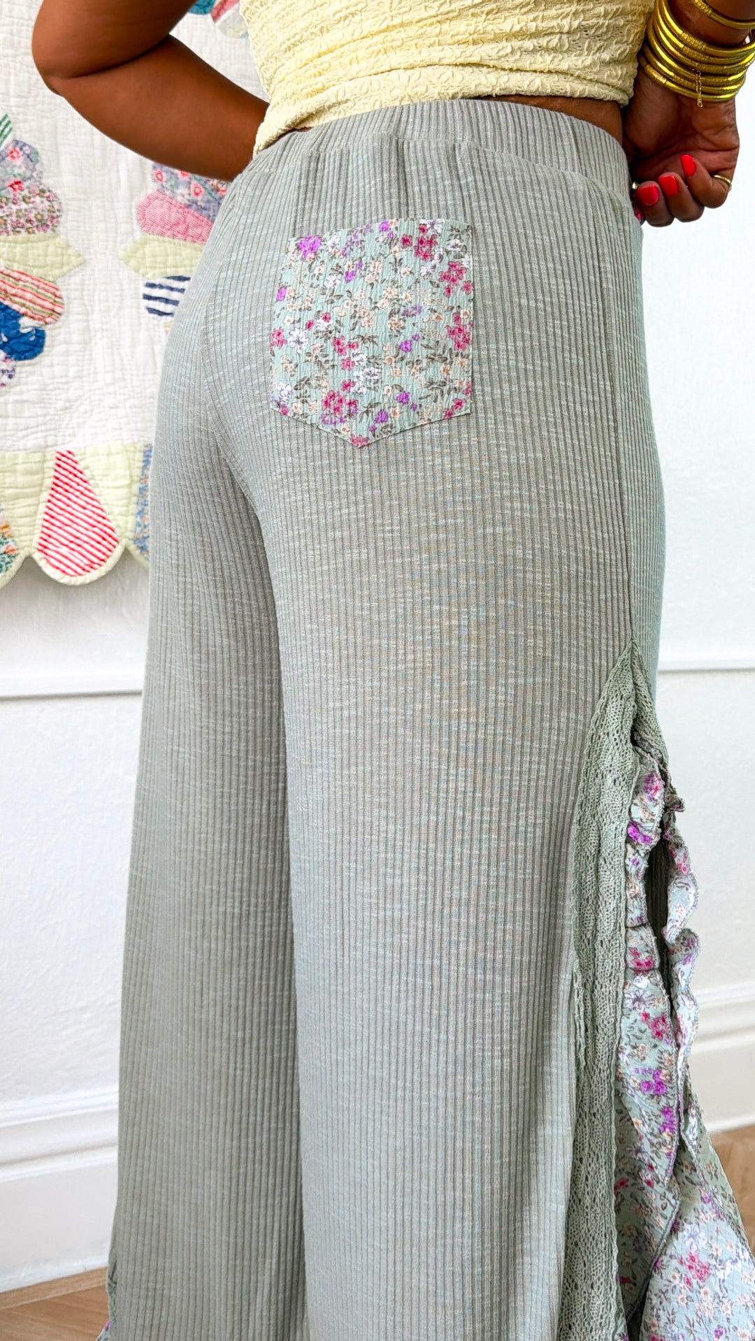 Floral Pointed Relaxed Pant, Powder Sage