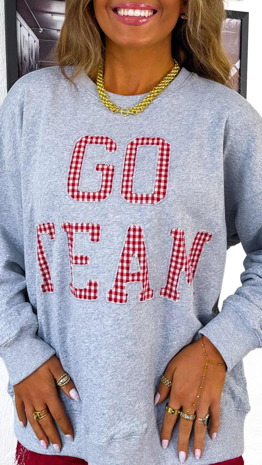 Go Team Gingham Crewneck, H. Grey
