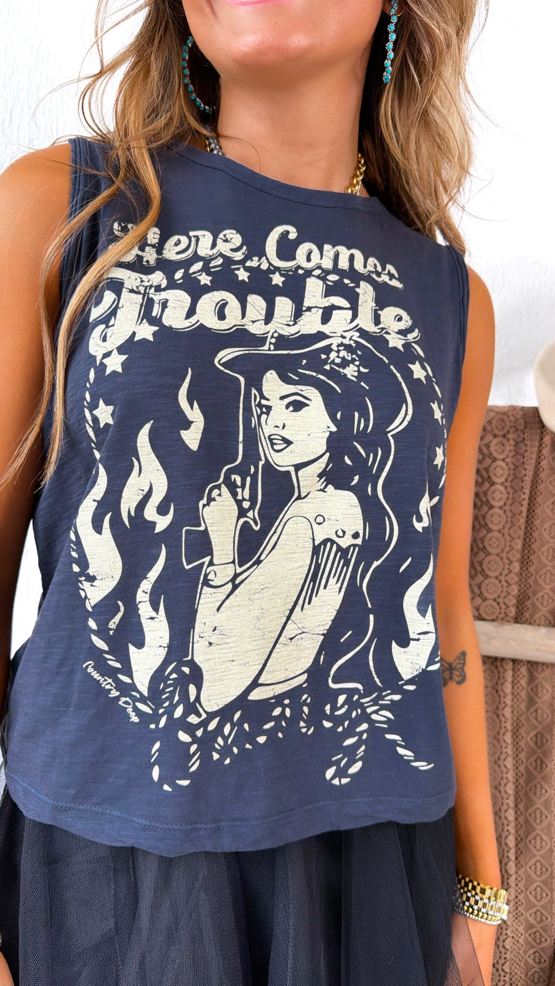 PRE ORDER MAY 15: Here Comes Trouble Muscle tee, Washed Black
