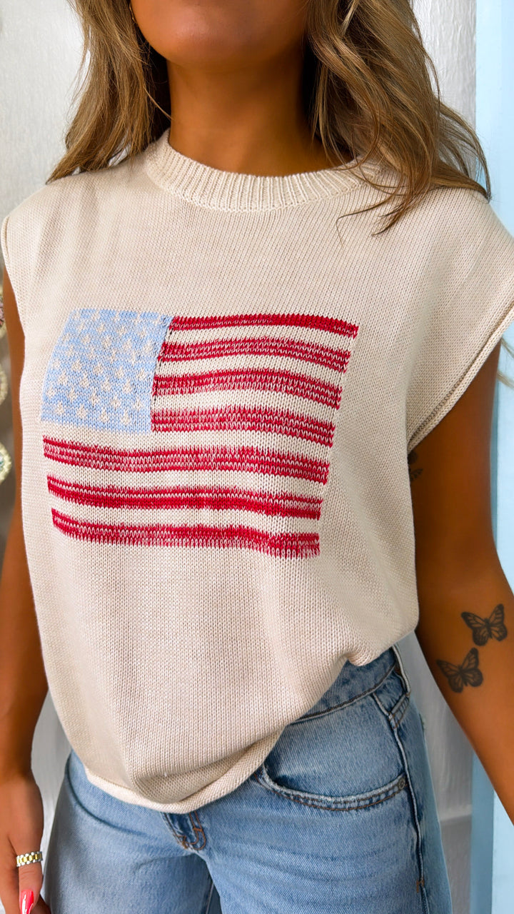 USA Flag Relaxed Sweater, Cream