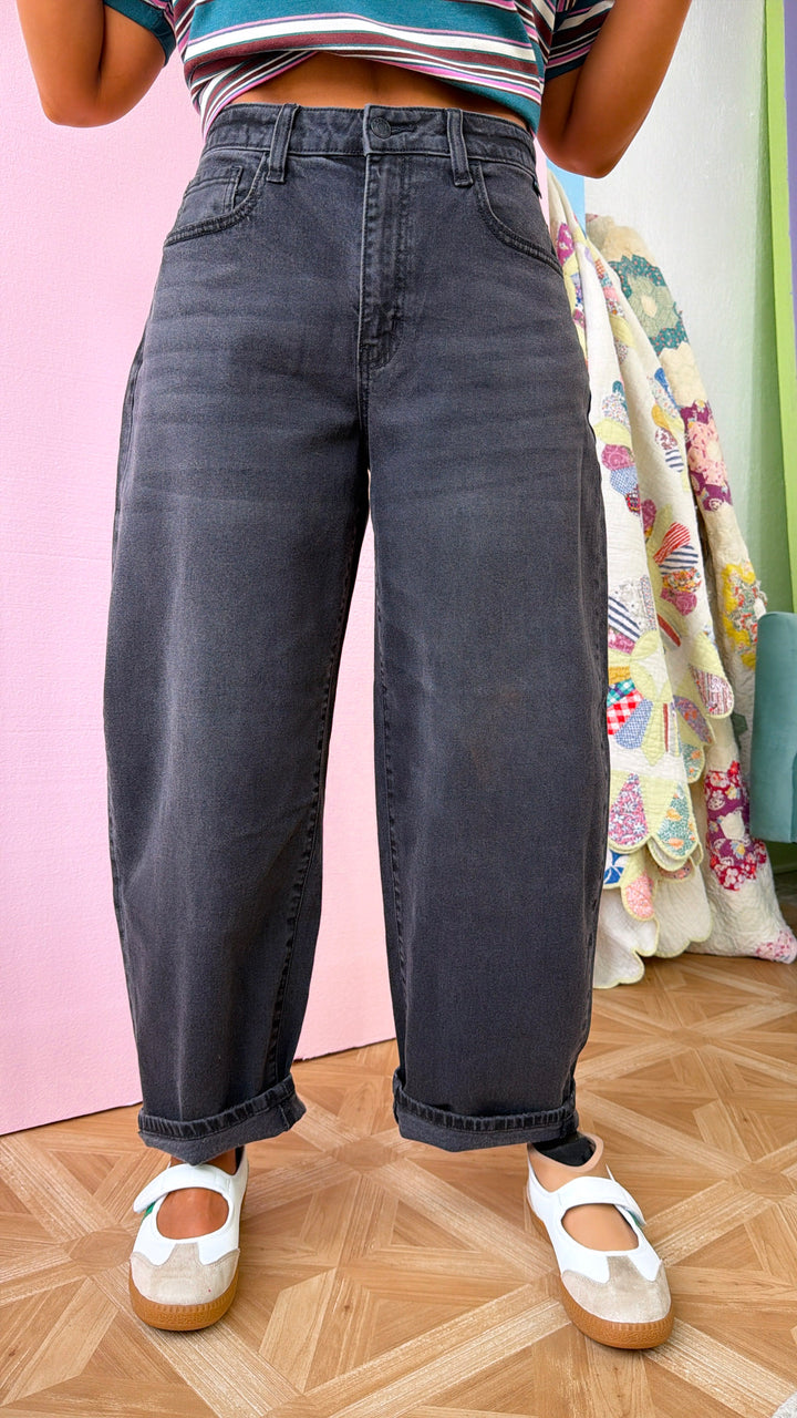Urban Edge Barrel Jeans, Black Denim