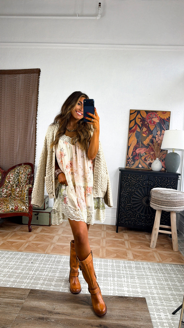 Floral Lace Mini Dress, Beige Multi