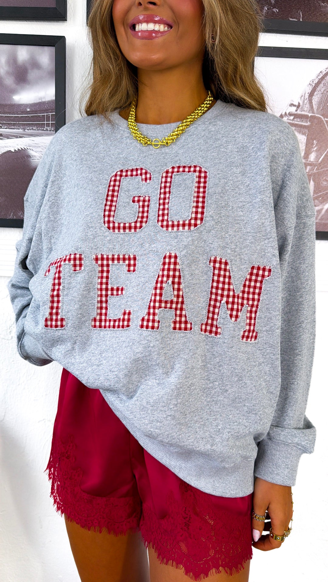 Go Team Gingham Crewneck, H. Grey