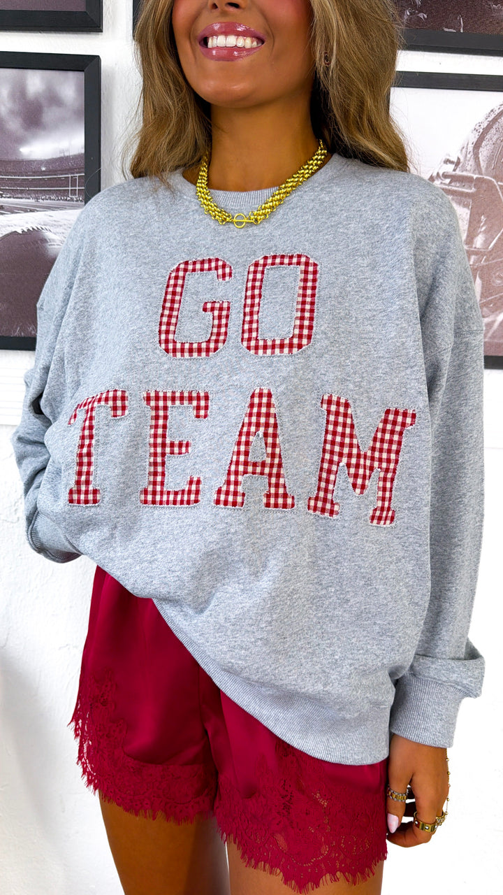 Go Team Gingham Crewneck, H. Grey