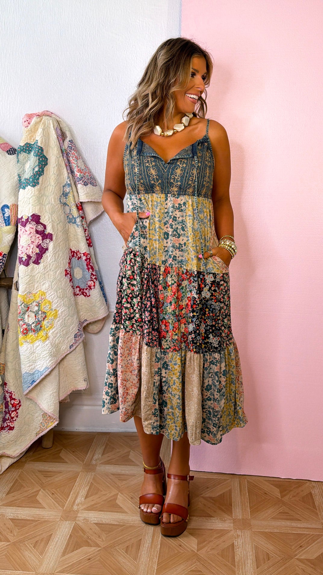 Patched Western Midi Dress, Latte