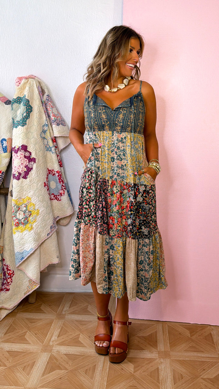 Patched Western Midi Dress, Latte