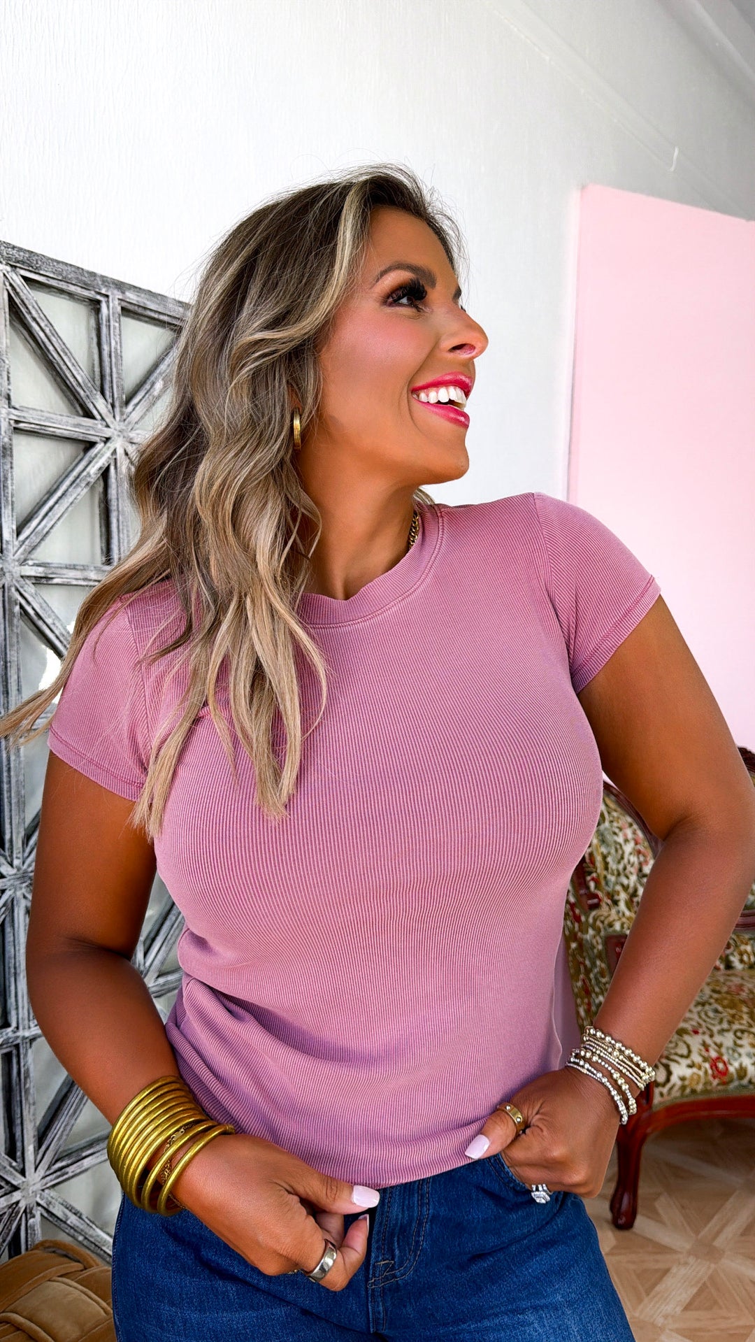 Simple Ribbed Tee Shirt, Foxglove