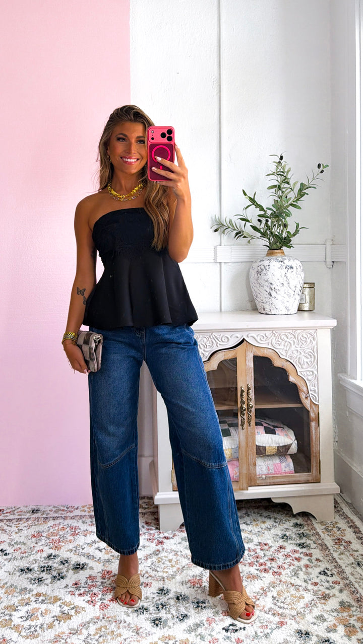 Arla Satin Strapless Top, Black