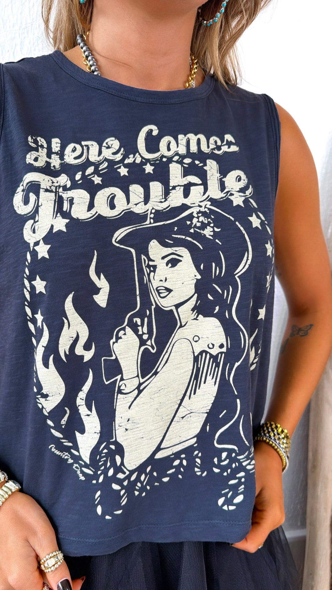PRE ORDER MAY 15: Here Comes Trouble Muscle tee, Washed Black