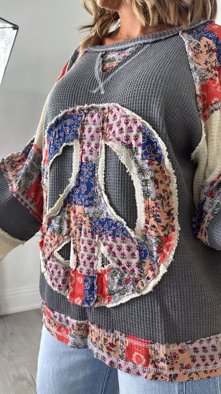 Patched Peace Top, Charcoal