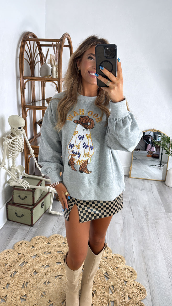 Spooky Season Boohaw Sequin Sweatshirt, Grey
