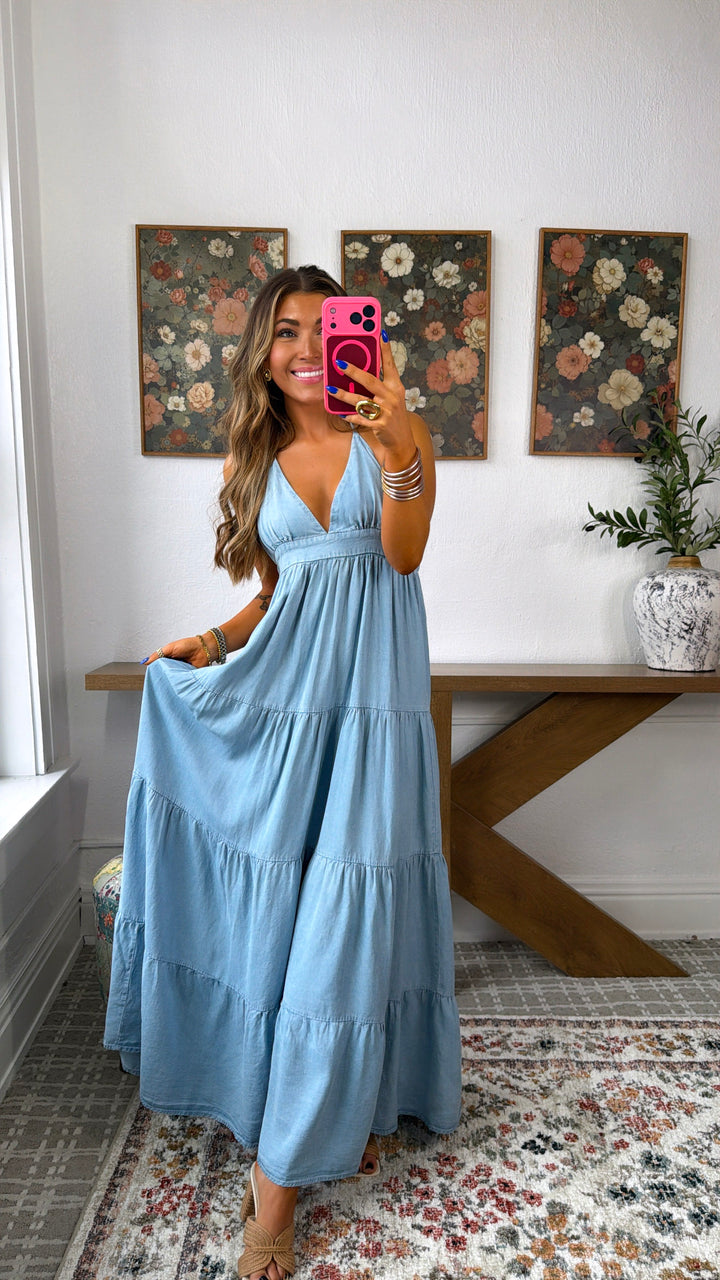 Sea Bloom Halter Maxi Dress, Lt. Chambray
