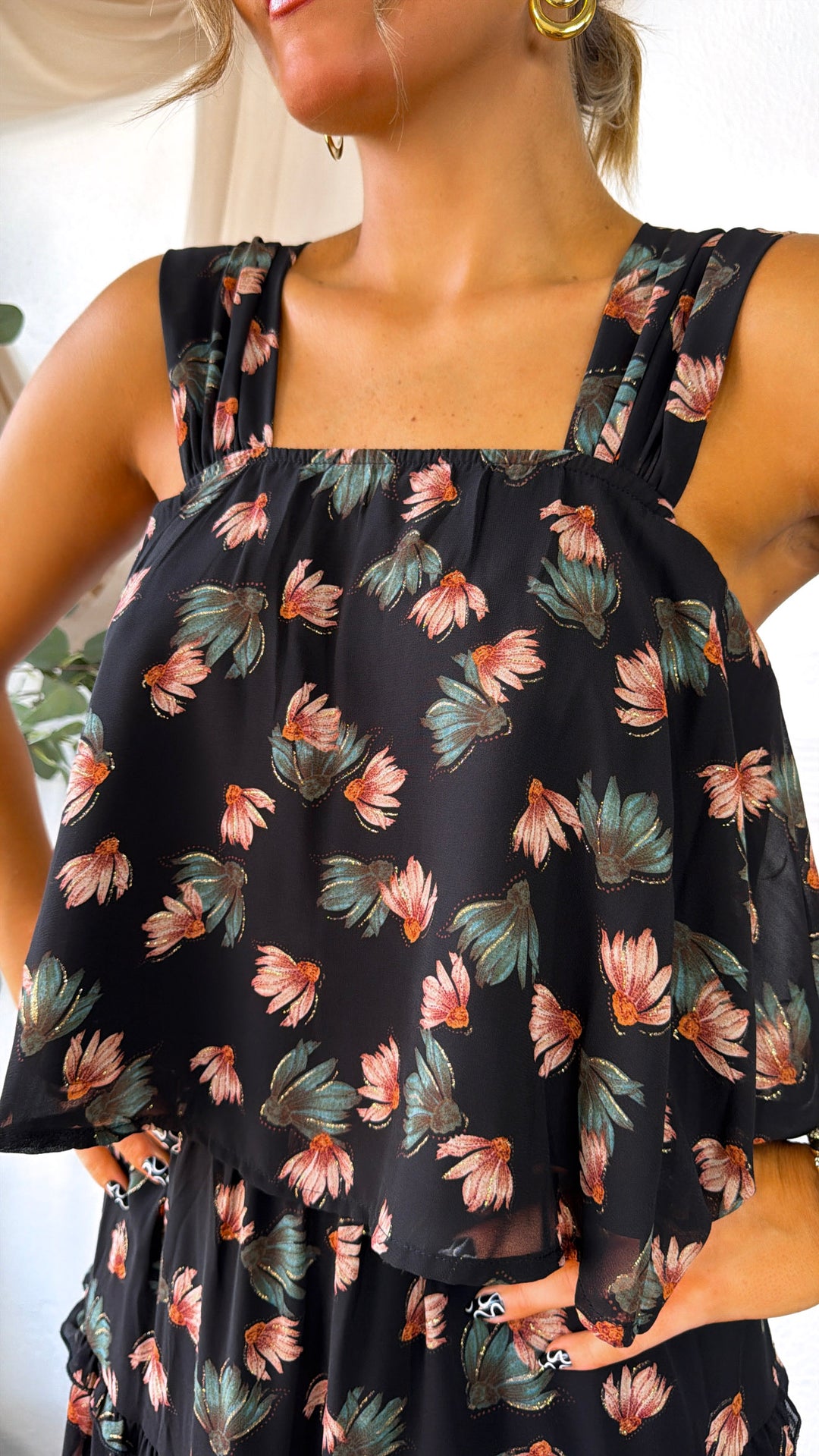 Floral Print Square Neck Top, Black Multi