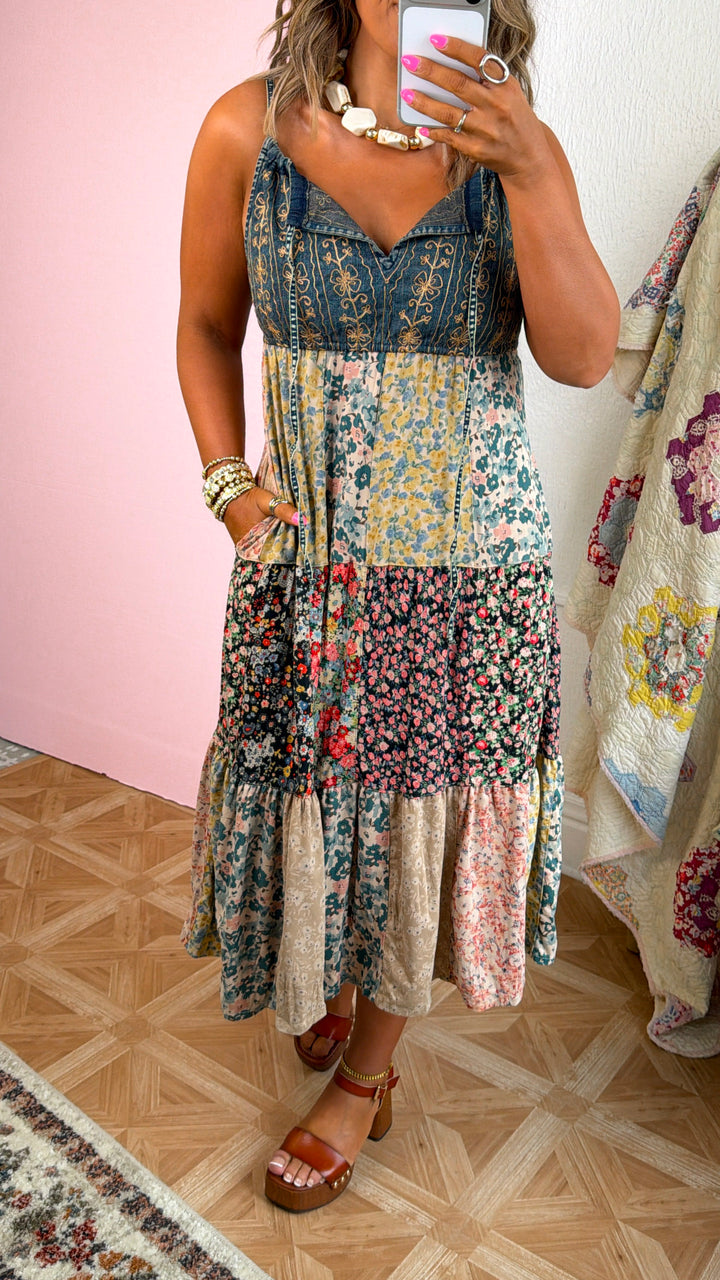 Patched Western Midi Dress, Latte