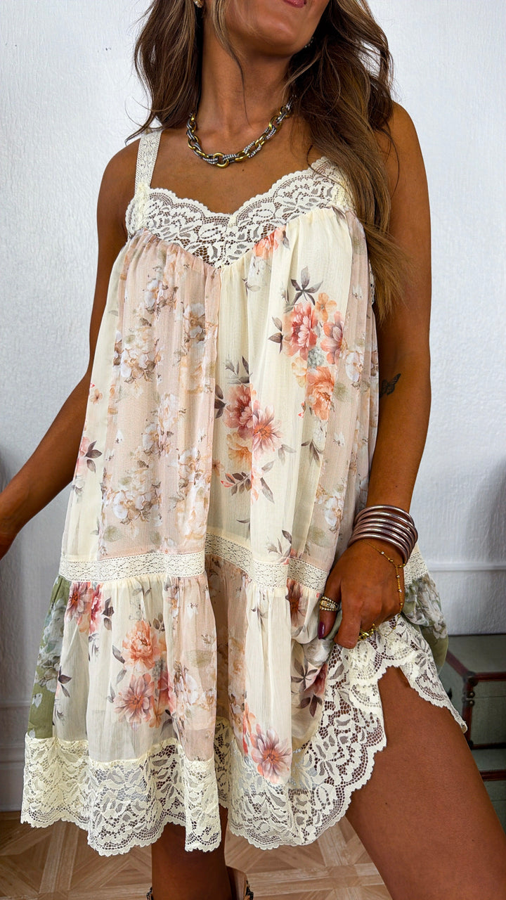 Floral Lace Mini Dress, Beige Multi