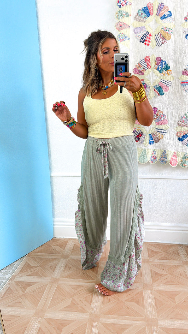 Floral Pointed Relaxed Pant, Powder Sage